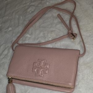 Tory Burch Tassel Zip Leather Crossbody Bag in Blush Pink